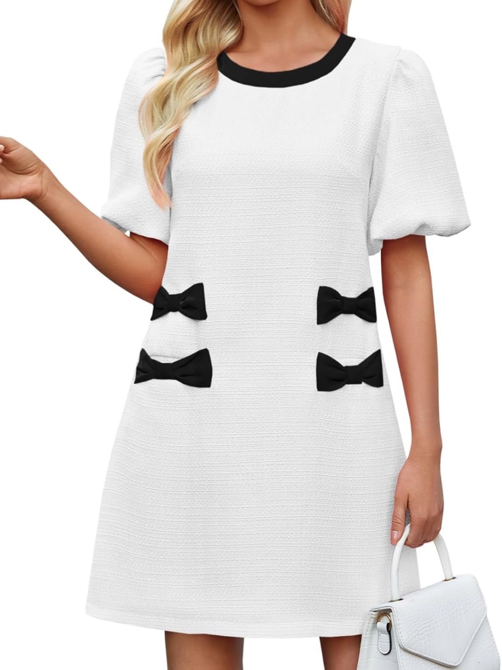 Classic White A-Line Dress with Black Bow Accents